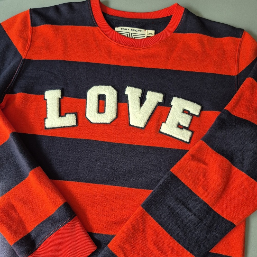 Tory Burch Sport Sweatshirt Small Red Navy Striped Letterman Crewneck Preppy